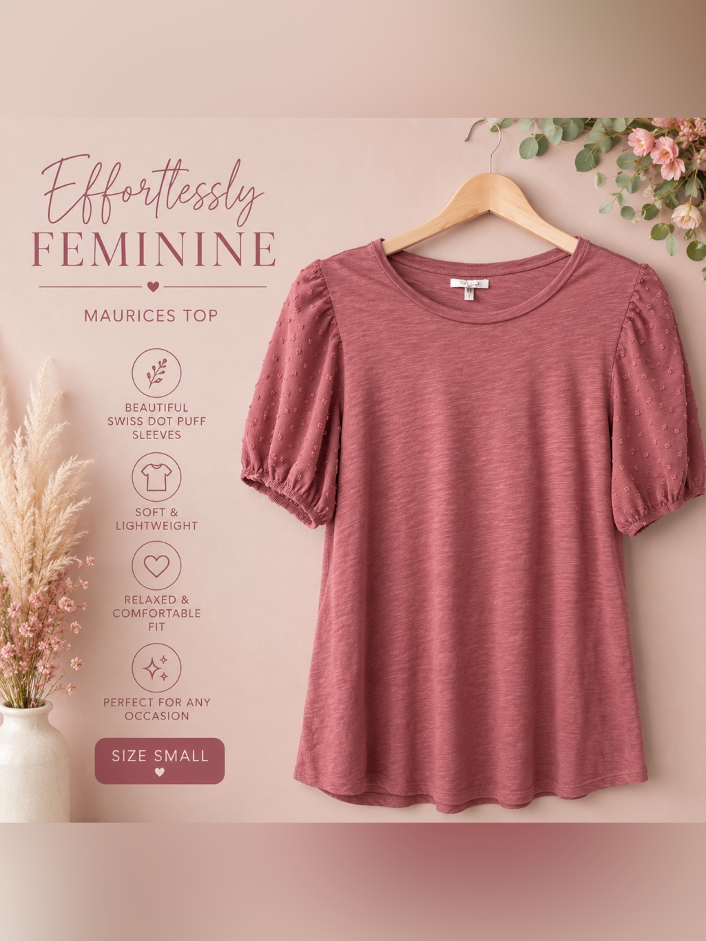 Maurices Rose Puff Sleeve Swiss Dot Tee